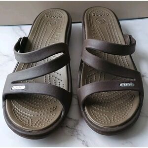 Crocs Patricia Wedge Sandals Women's 8W Brown Slides Casual Beach Pool Vacation